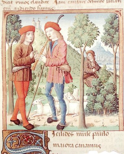 Ms 493 fol.8r Une rencontre entre bergers, des Bucoliques de Virgile avec commentaire de Servius, 1469 - French School